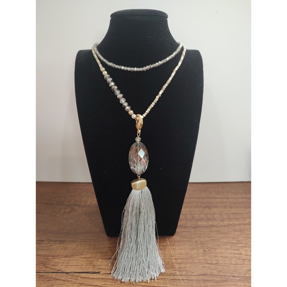 Premier Designs Jewelry - Premier Designs "Dazzled" Smoky Crystal Matte Silver & Gold Tassel Necklace 32"